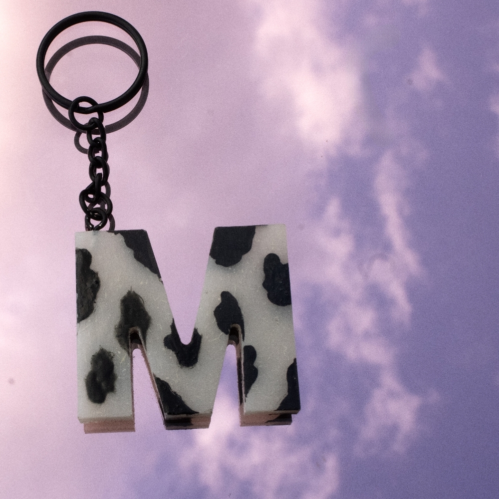 Cow Print Resin Initial Keychain